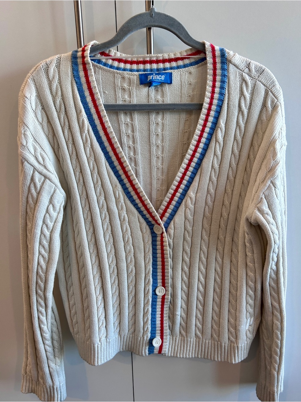 Prince Pickleball White Cable Knit Cardigan with Red & Blue Trim